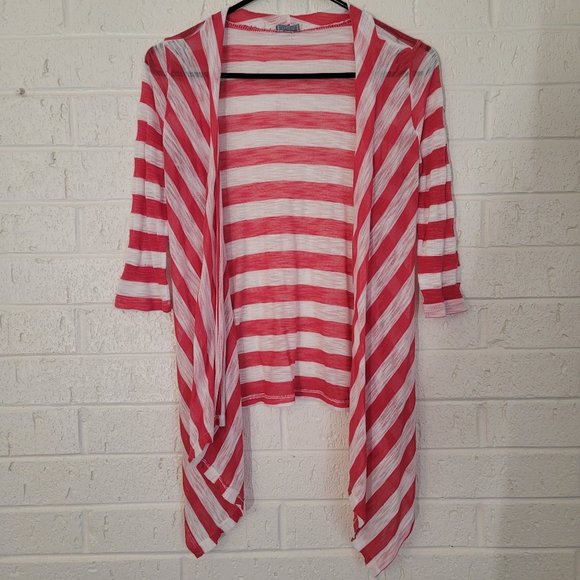 fornia pink & white striped 3/4 sleeve sheer duster - Picture 1 of 4